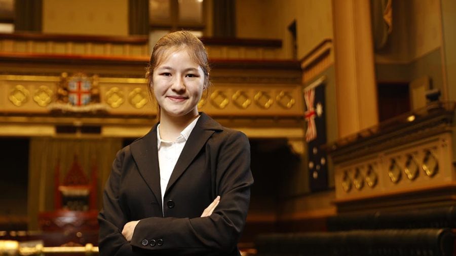 DAILY TELEGRAPH JANUARY 19, 2022. Everyone seems to think they could lead NSW but few as young as Indigo Lee-Wilson, 16, will actually get a shot at the top job. Indigo pictured in the NSW State Parliament Chamber has recently been elected as Premier on NSWs Youth Council, which presents the views and causes young people in our state care about. Picture: Jonathan Ng